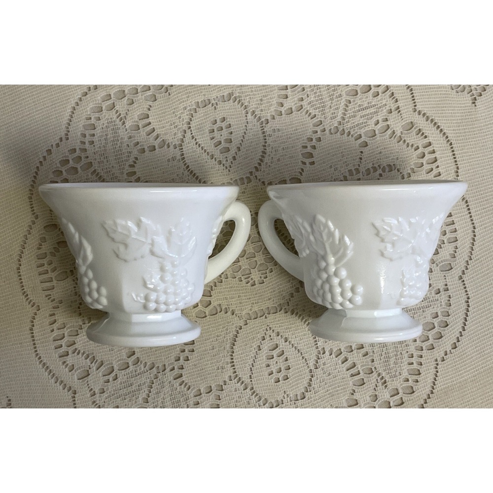 2 Indiana Colony Milk Glass Footed Cups Harvest Grape Design White